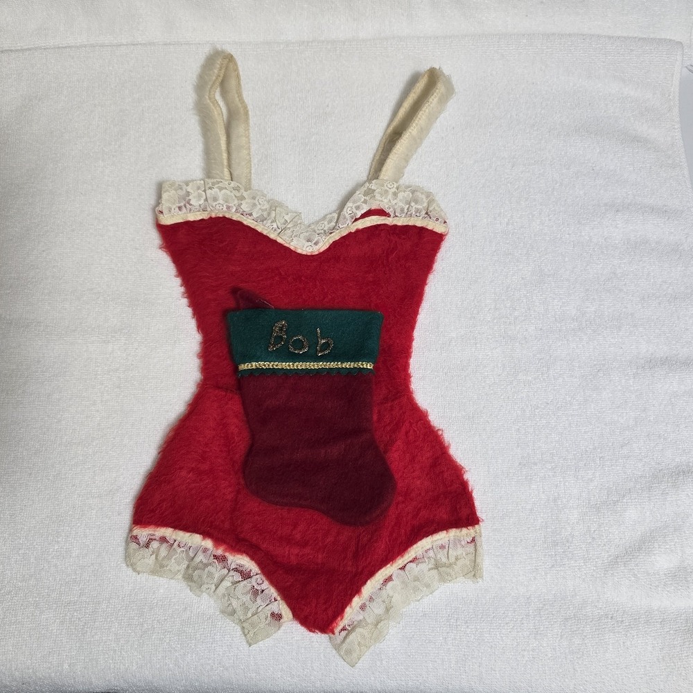 VTG‎ 1950s Red Felt Lingerie Bodice Christmas Wall Decor w/ Mini Stocking Rare